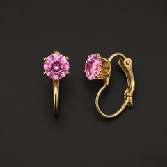 Gold-tone 304 stainless steel leverback earrings with a round pink crystal in a six-prong setting, one front view and one side view