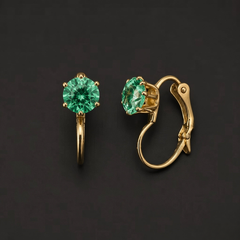 Gold-tone 304 stainless steel pair of drop earrings with a round green crystal in a six-prong setting and a lever-back hook, shown from front and side