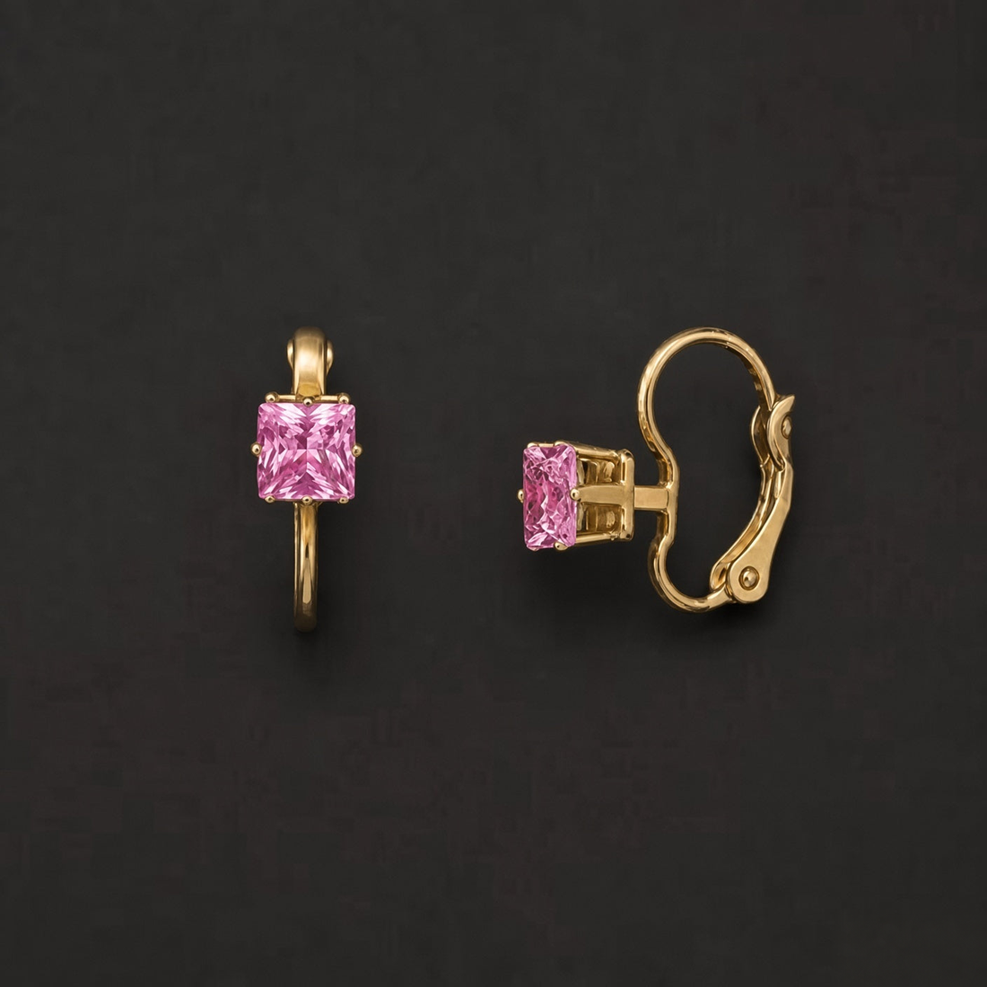 Gold-tone 304 stainless steel leverback earrings with a square pink cubic zirconia stone in a four-prong setting, shown as a pair from front and side