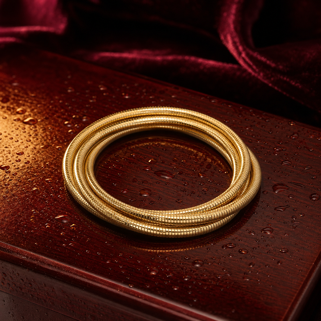 One wrist-worn chain bracelet in yellow-gold-toned metal with a polished, reflective finish. Construction is a single continuous strand of flexible snake chain: tightly interlocking, fine-gauge segmented links forming a smooth, round, supple tube of uniform width along its entire run, with no branches, breaks or joins visible.