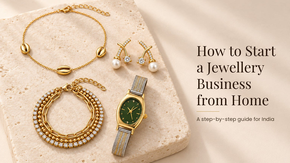 How to Start a Jewellery Business from Home. Necklace, pearl earrings, bracelet and a watch on a pale cream stone slab