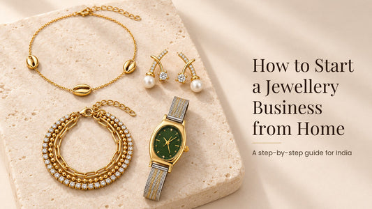 How to Start a Jewellery Business from Home. Necklace, pearl earrings, bracelet and a watch on a pale cream stone slab
