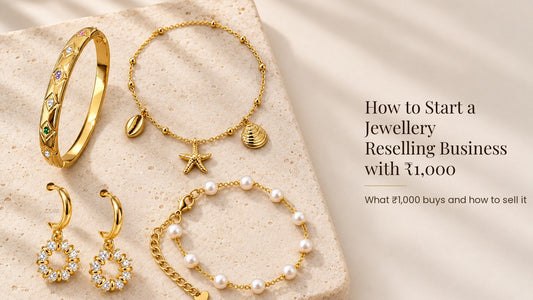 How to Start a Jewellery Reselling Business with ₹1,000. A first wholesale basket: kada, necklace, earrings and anklet on a pale cream stone slab