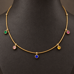 Gold-tone 304 stainless steel necklace with a snake chain and five bezel-set coloured stones on drops, worn on a mannequin neck