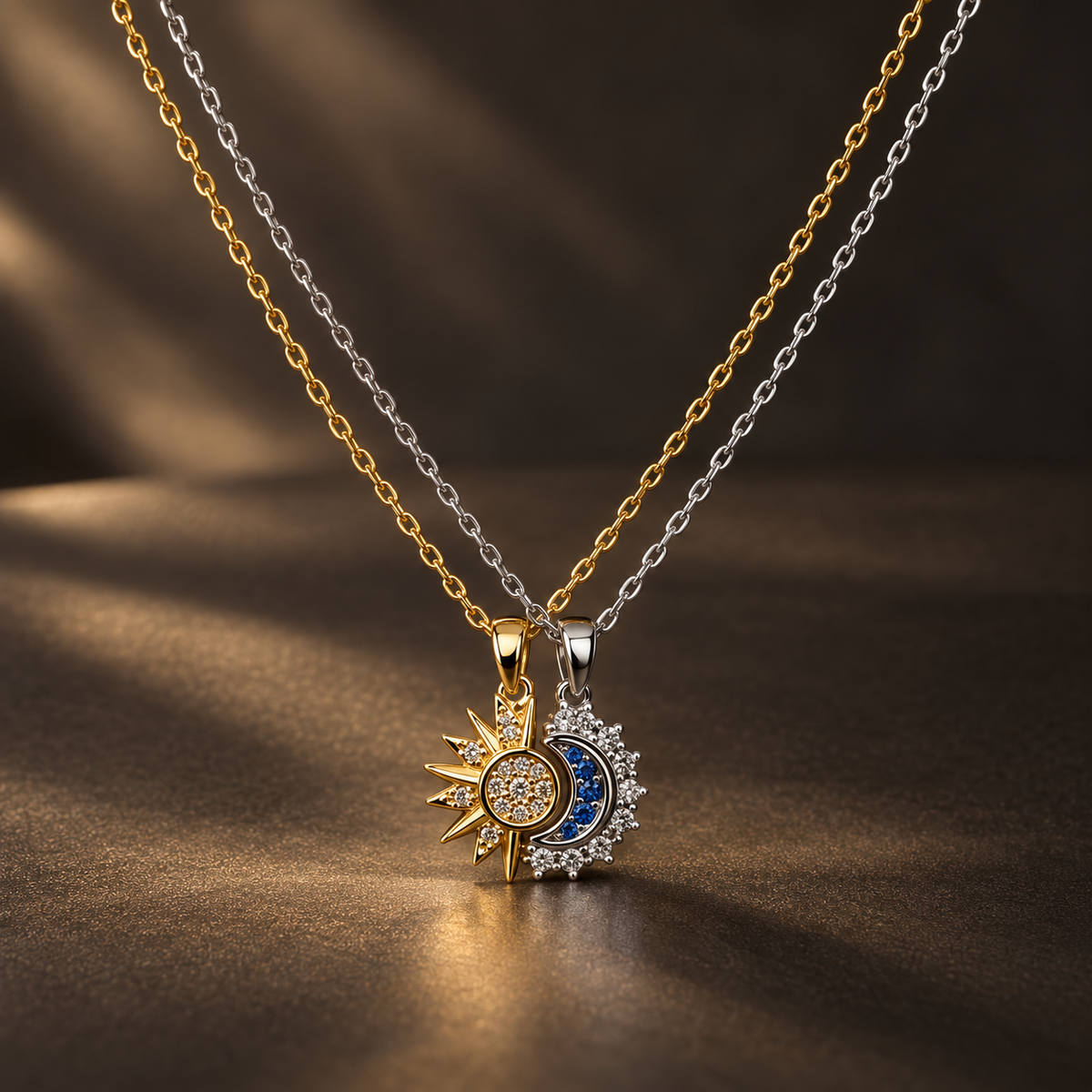 Gold-tone and silver-tone 304 stainless steel pendant necklaces set, sun and moon pendants with crystal and blue stone pavé, shown on chains