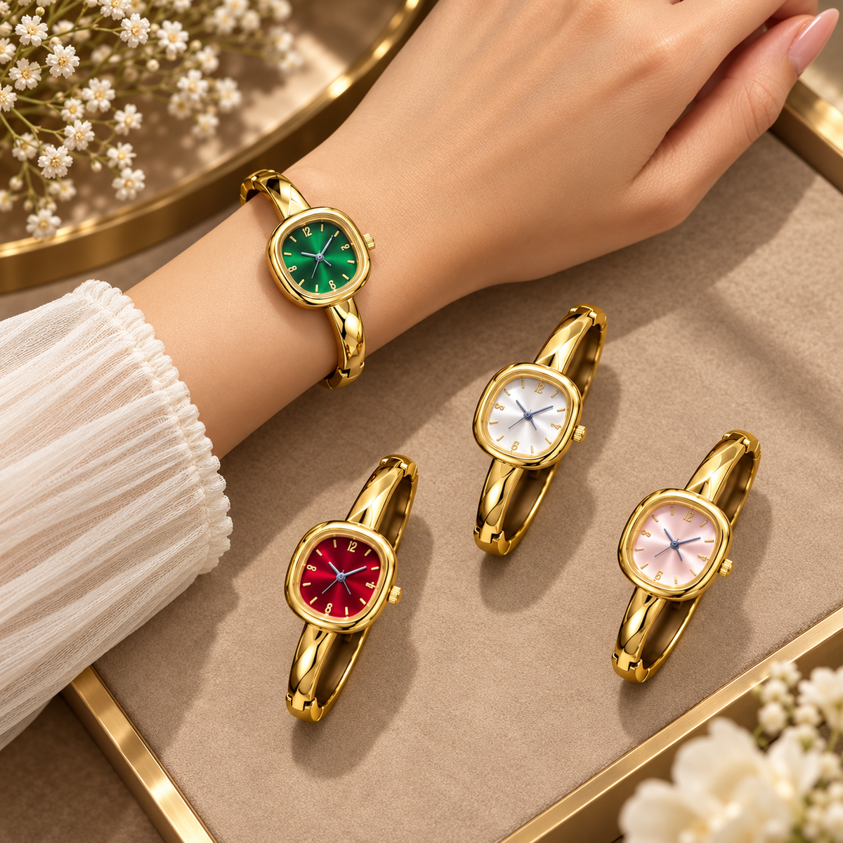 Gold-tone 304 stainless steel bangle watch with a cushion-shaped dial in green, red, white and pink, shown on a wrist and in a group of four