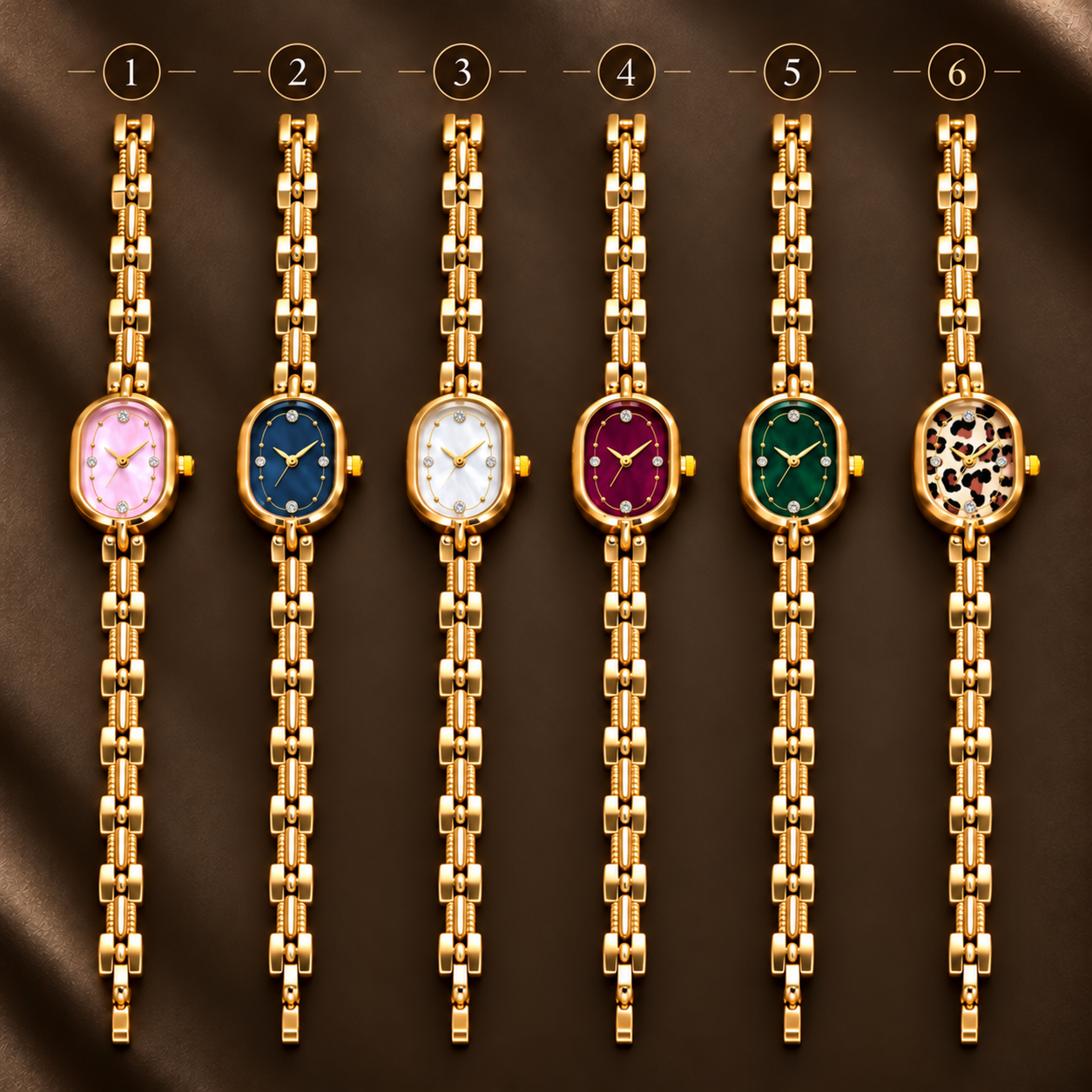 Gold-tone 304 stainless steel watch with an oval face and a link bracelet, six dial colours shown in a row, numbered 1 to 6