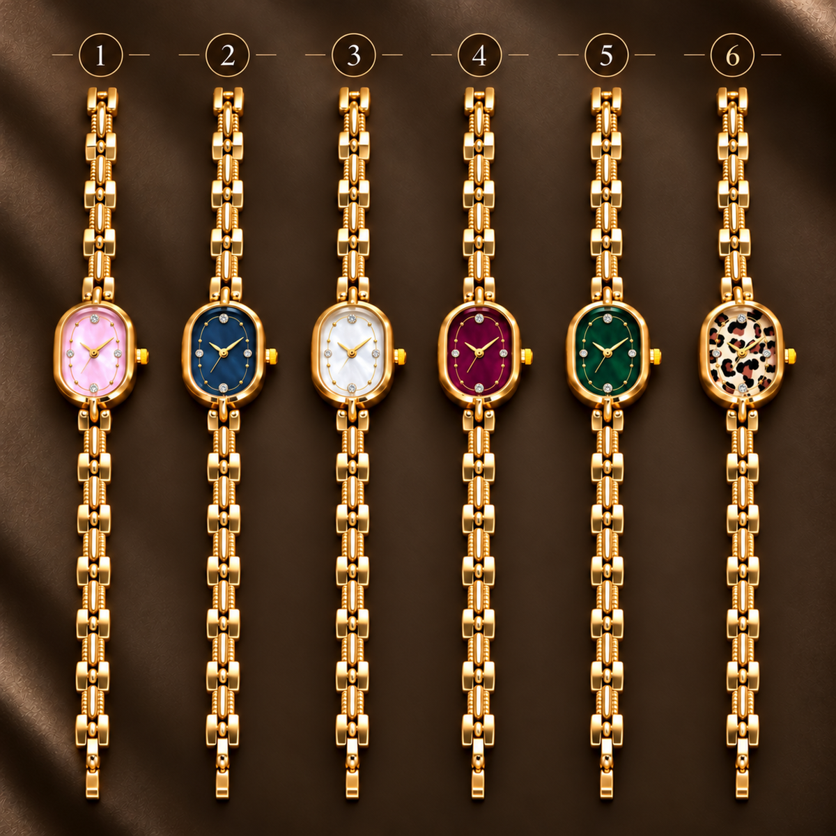 Gold-tone 304 stainless steel watch with an oval face and a link bracelet, six dial colours shown in a row, numbered 1 to 6