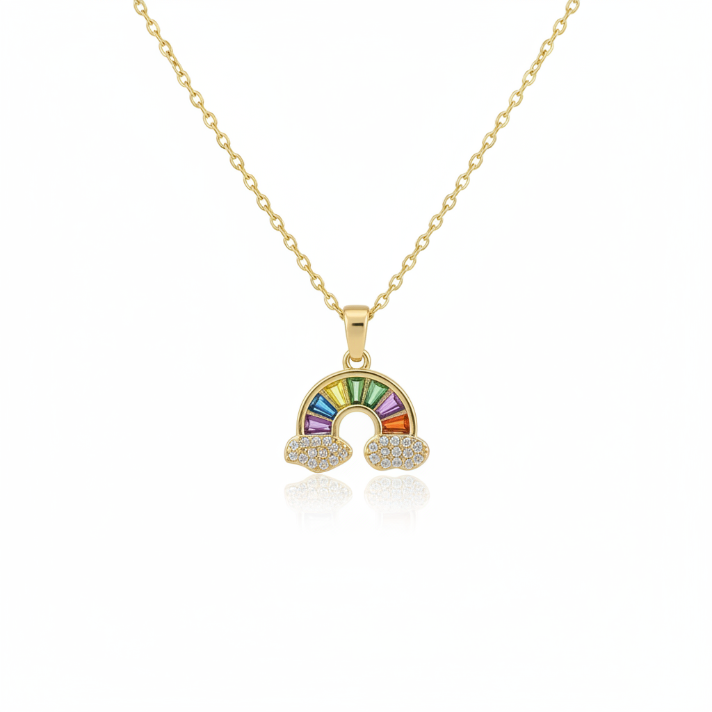 Gold necklace with a colorful pendant held by a hand against a dark background