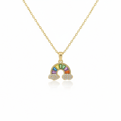 Gold necklace with a colorful pendant held by a hand against a dark background