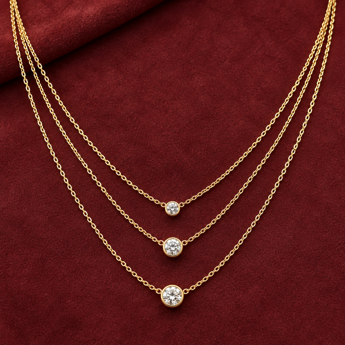 Gold-tone 316L stainless steel three-strand necklace with fine cable chains and bezel-set round stones of descending size, laid flat on a red surface