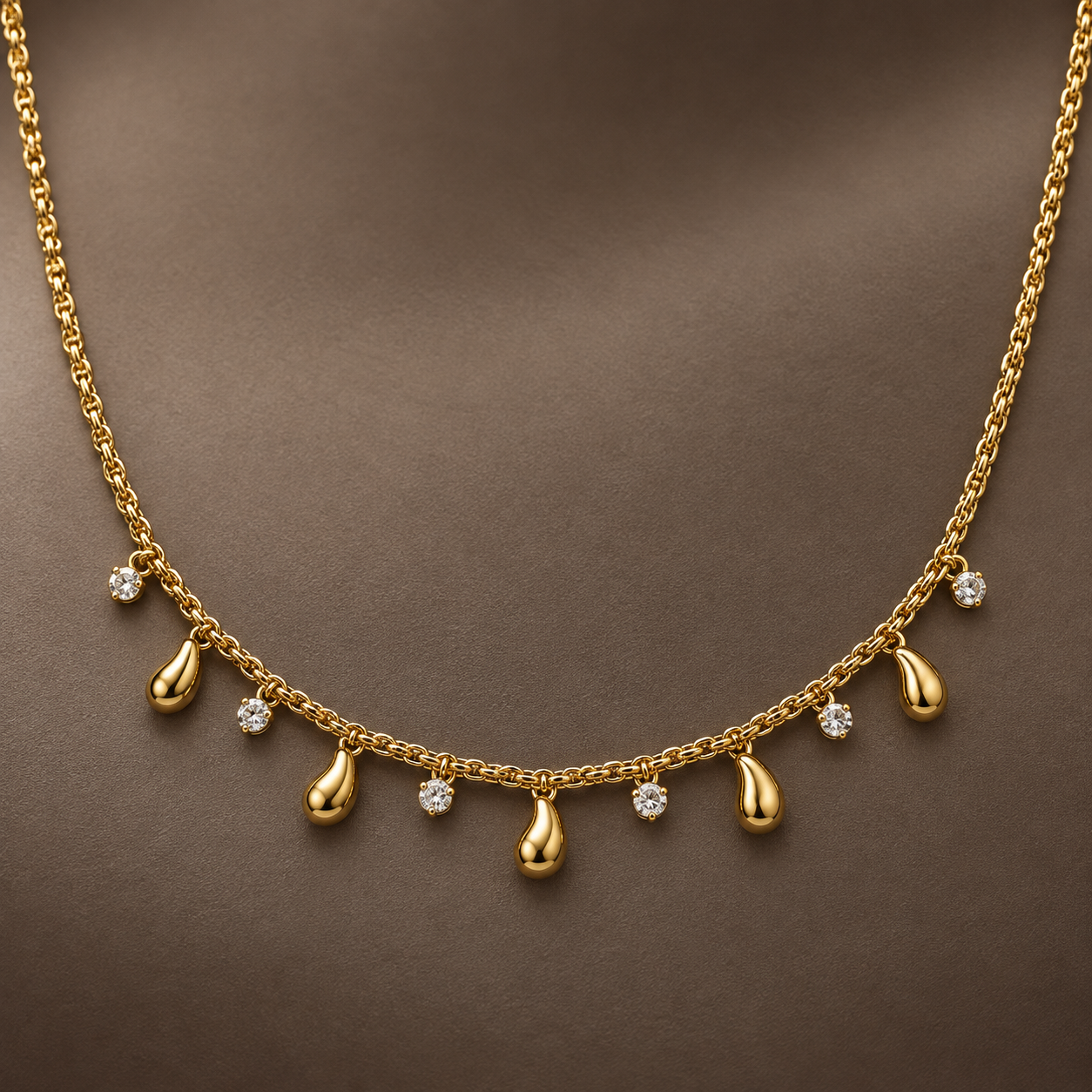 Gold-tone 316L stainless steel necklace with a link chain and alternating teardrop and round crystal drops, worn at the neck