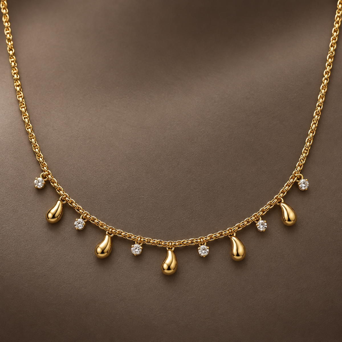 Gold-tone 316L stainless steel necklace with a link chain and alternating teardrop and round crystal drops, worn at the neck