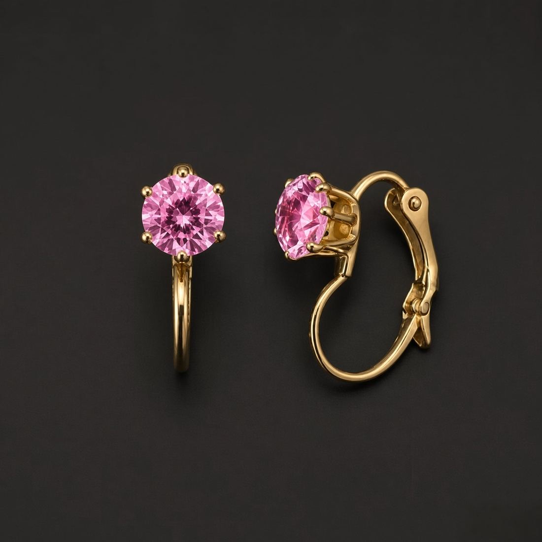 Gold-tone 304 stainless steel leverback earrings with a round pink crystal in a six-prong setting, one front view and one side view