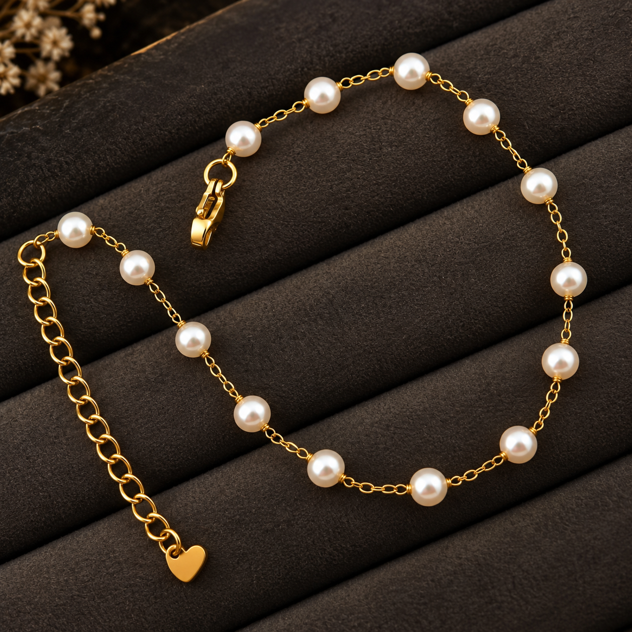 Gold-tone 316L stainless steel anklet with white pearl beads spaced along a fine chain and a heart charm on the extender, laid flat on a dark display
