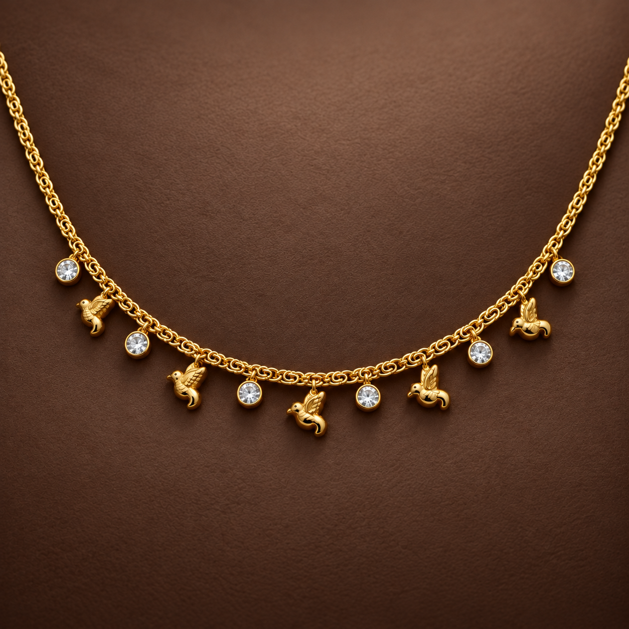 Gold-tone 316L stainless steel necklace with a link chain and dangling bird and round crystal charms, shown on a dark brown backdrop