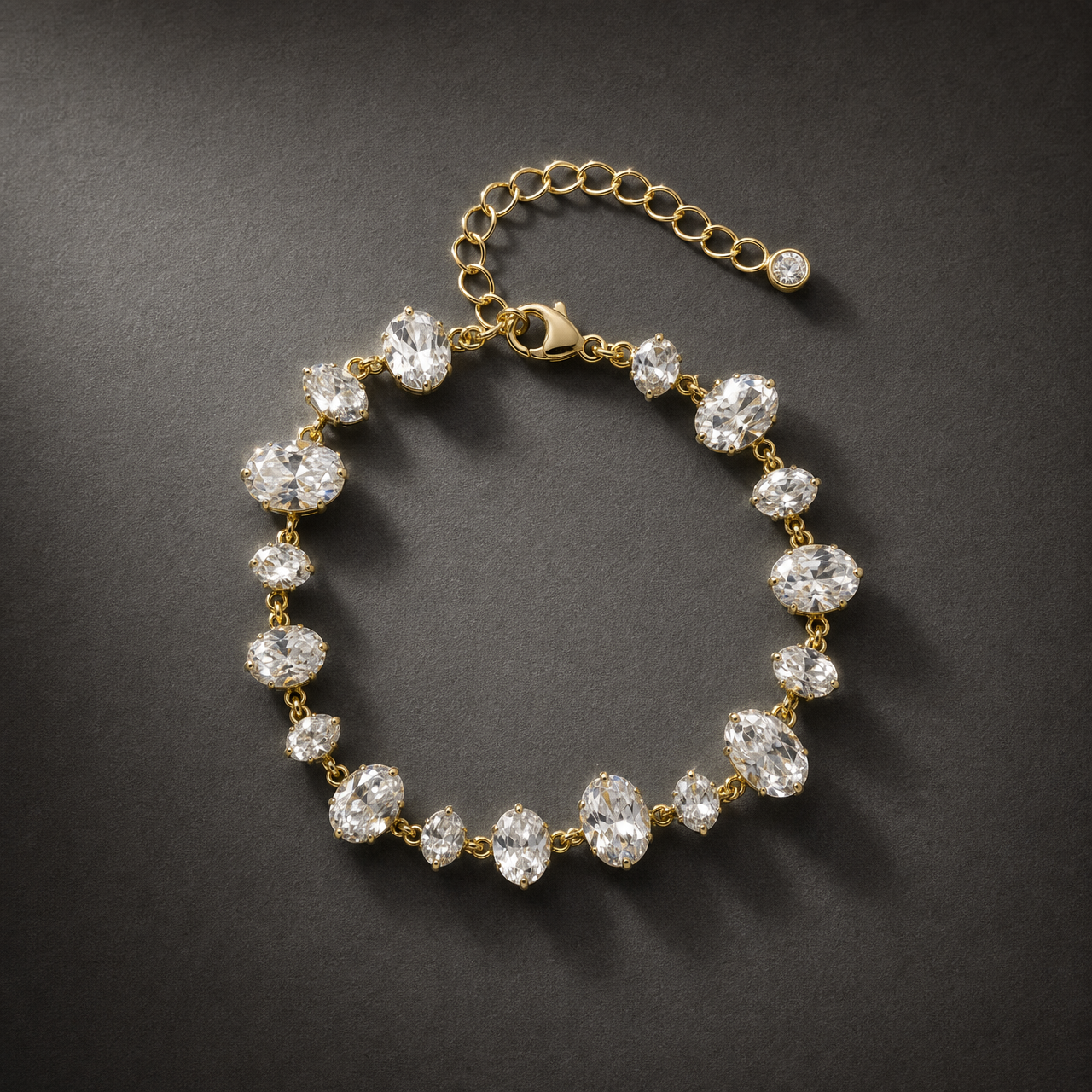 One wrist-worn chain bracelet. Gold-toned metal with polished finish; single flexible strand. Construction is a stone station chain: clear faceted elements in gold-tone prong cups, joined by small metal rings, plus a finer oval/curb-link extender. The main stone-bearing run is approximately 18–20 times the width of the largest oval station; the extender is about one-quarter of the main chain length. A working lobster-type clasp is visible.