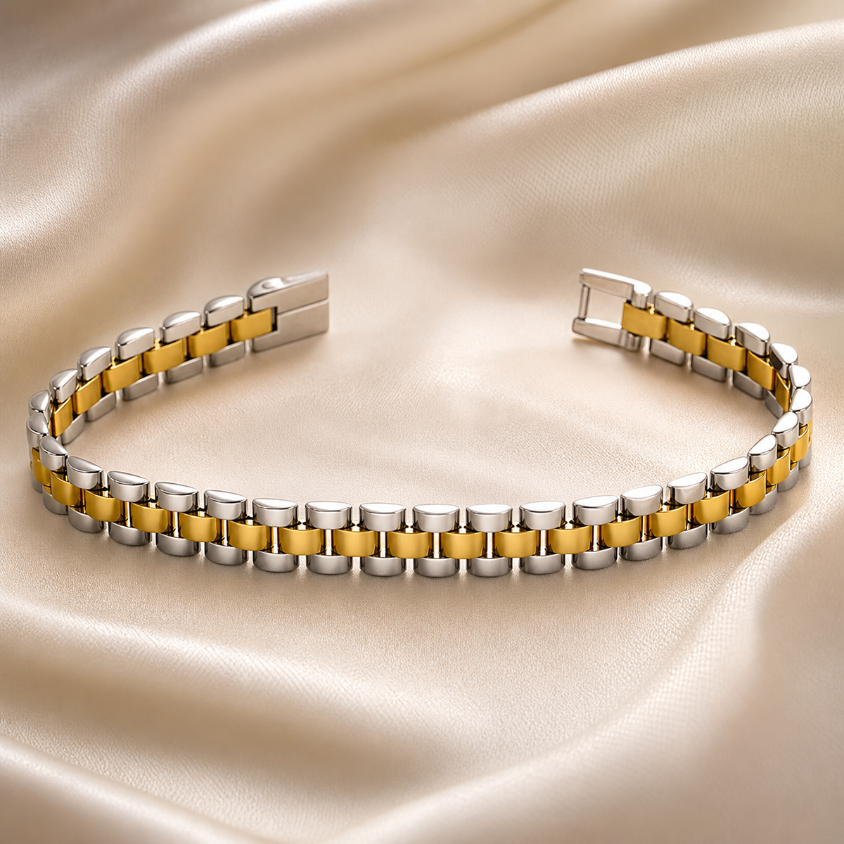 A single flexible link bracelet in two-tone metal: polished silver-tone and gold-tone. Construction is a watch-band-style three-row brick link, with one continuous central row of gold-tone rectangular links flanked on both long sides by rows of silver-tone links of matching size, all solid metal with a polished reflective finish and no stones, charms, beads or motifs anywhere along the strand.