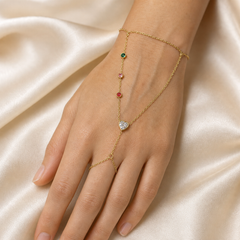 One gold-tone finger bracelet (hand chain) in polished yellow-gold-coloured metal, built from fine-gauge oval cable chain throughout. The wrist section is a single cable-chain band; its clasp is not clearly resolvable in the visible area, and no extender or terminal tag is visible.