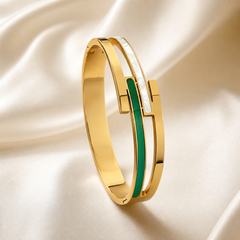 A single rigid hinged bangle in yellow-gold-toned metal with a high-polish mirror finish. The band is of medium width with a flat outer profile and smooth rounded edges, opening on a concealed hinge with a box-style clasp seam visible along one section. The outer face carries channel-set inlay segments flush with the metal surface: one elongated segment of deep green enamel or resin with a glossy surface, and one segment of white iridescent material consistent with mother-of-pearl, each bordered by thin