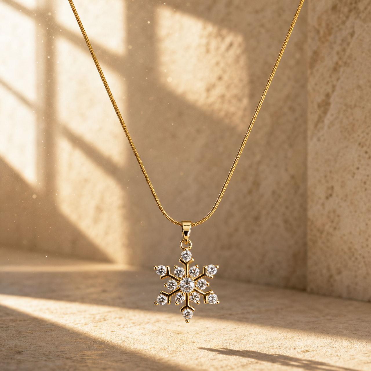 One necklace: a single-strand yellow-gold snake chain of fine, tightly woven gauge with a polished finish, carrying one dominant pendant. The chain run is roughly twenty times the pendant's width; no extender is visible, so no extender fraction can be stated, and no working closure is visible as both chain ends continue out of view. The pendant is a six-armed snowflake in yellow gold, suspended from a smooth tapered bail via a small jump ring.