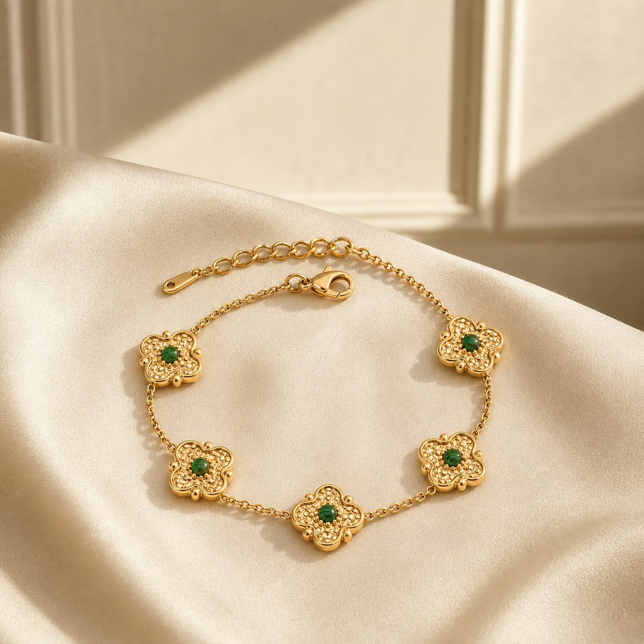 One wrist-worn chain bracelet in yellow-gold-tone metal with a bright polished finish. Construction is a single strand of fine-gauge cable chain interrupted by five matching stations; each station is a solid-metal four-lobed flower or quatrefoil motif with a hammered, textured surface, small bead accents at the lobe tips, and a round, smooth green cabochon-set centre stone in a bezel mounting.