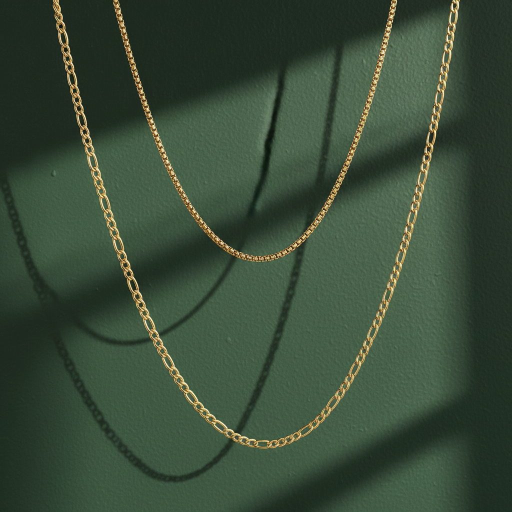 Two separate chain necklaces in yellow-gold-tone polished metal. One is a fine box (venetian) chain of small square links; the other is a heavier figaro chain with a repeating pattern of one elongated oval link between groups of smaller round links, at roughly twice the gauge of the box chain.