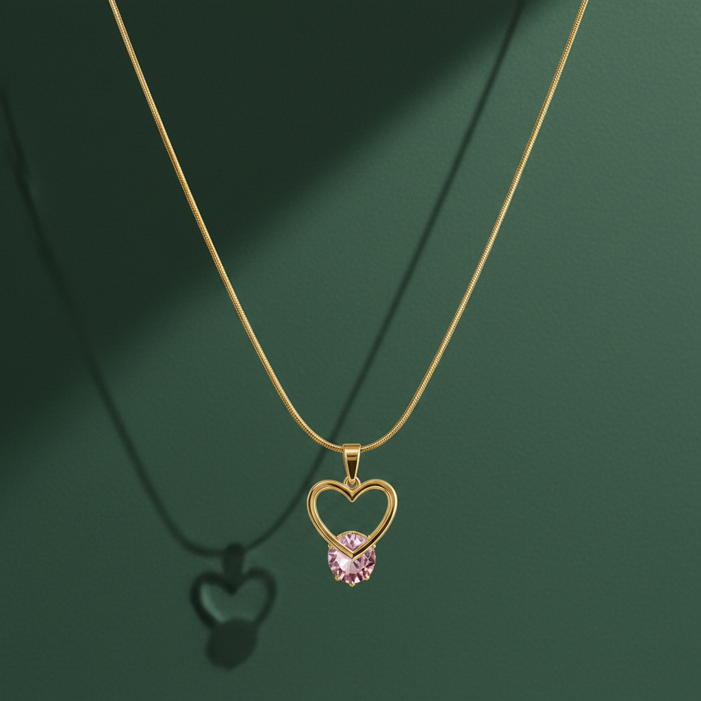 One necklace with a single pendant, in gold-toned polished metal. Construction is a single continuous strand of fine snake chain with a tight, smooth cylindrical link of fine gauge, forming one unbranched run that carries one pendant at its midpoint; the full chain run is approximately twenty times the width of the pendant, and no extender chain is visible, so no extender fraction can be stated. No working closure is visible; the clasp area is partly obscured, and only the continuous chain is resolvable.