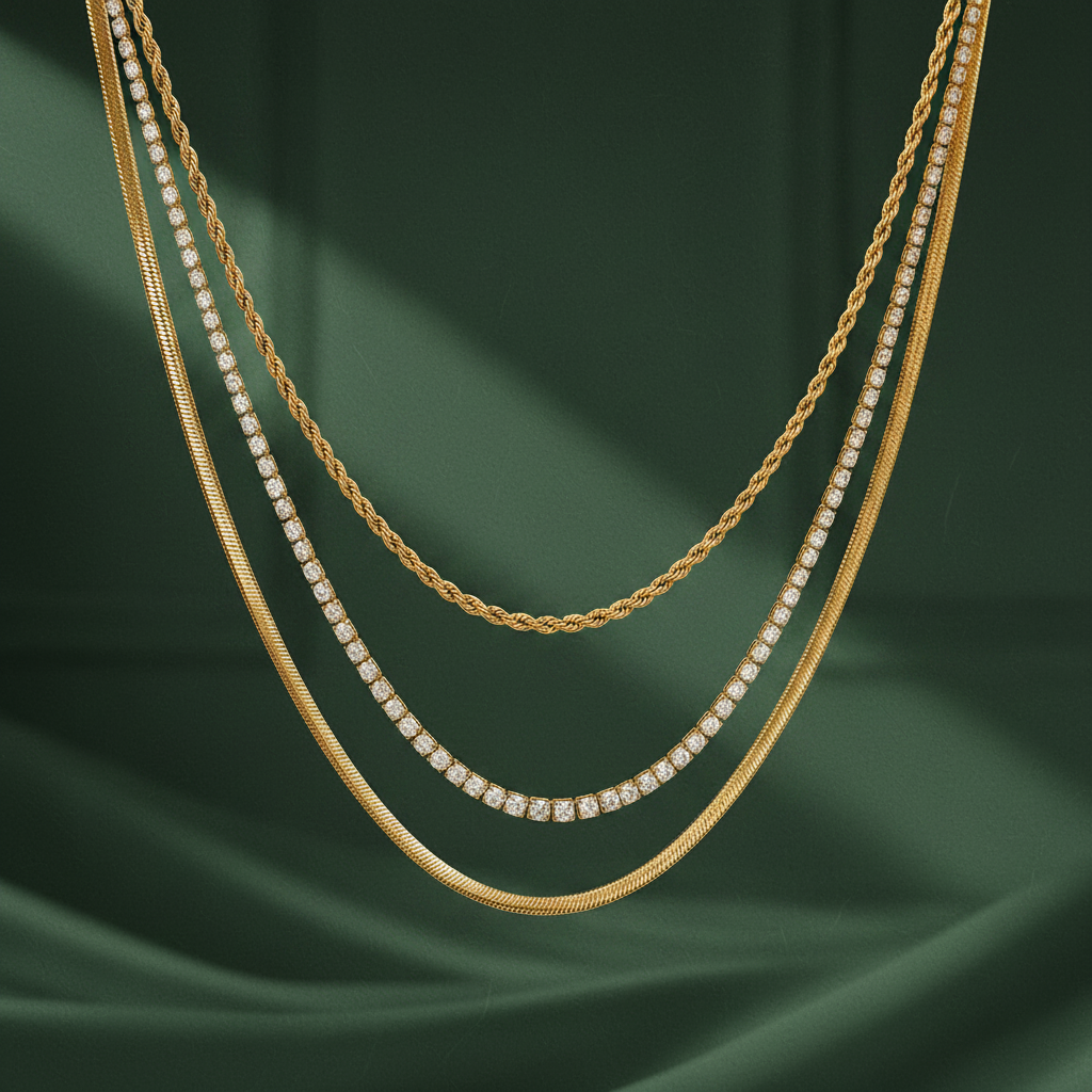 A layered set of three gold-tone metal chains with a polished finish, worn together as a multi-strand necklace. The strands are distinct in construction: a twisted rope chain of medium gauge; a tennis-style strand of individually claw-set clear round faceted stones in gold-tone box mounts, the stones graduating slightly larger toward the strand's middle; and a flat, flexible herringbone chain, the widest of the three.
