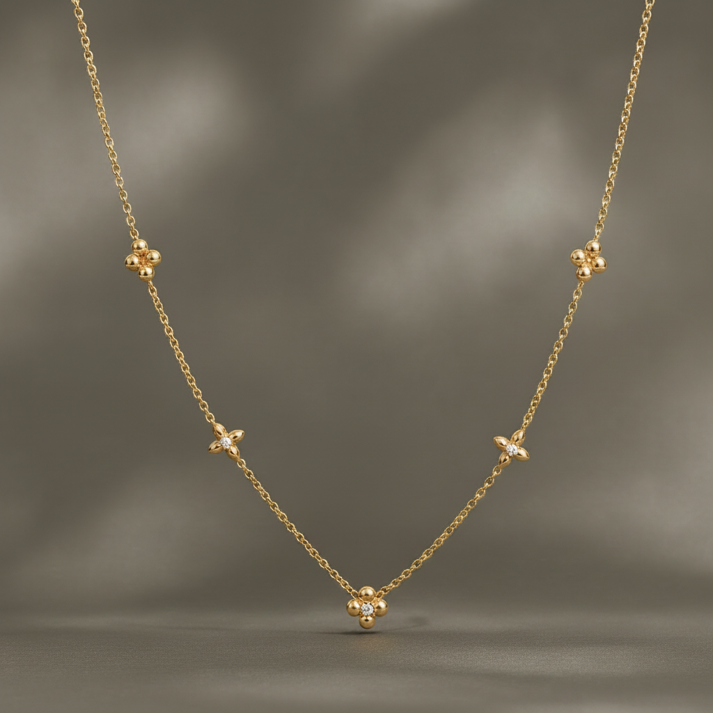 One necklace. Yellow-gold metal with a polished finish. Single-strand fine cable chain of small round links, carrying five fixed station motifs spaced along the strand. The chain run is approximately 35 times the width of the largest (central) component; the clasp and extender area is partly obscured and not clearly visible, so extender length cannot be confirmed, and no working closure is resolvable in view.