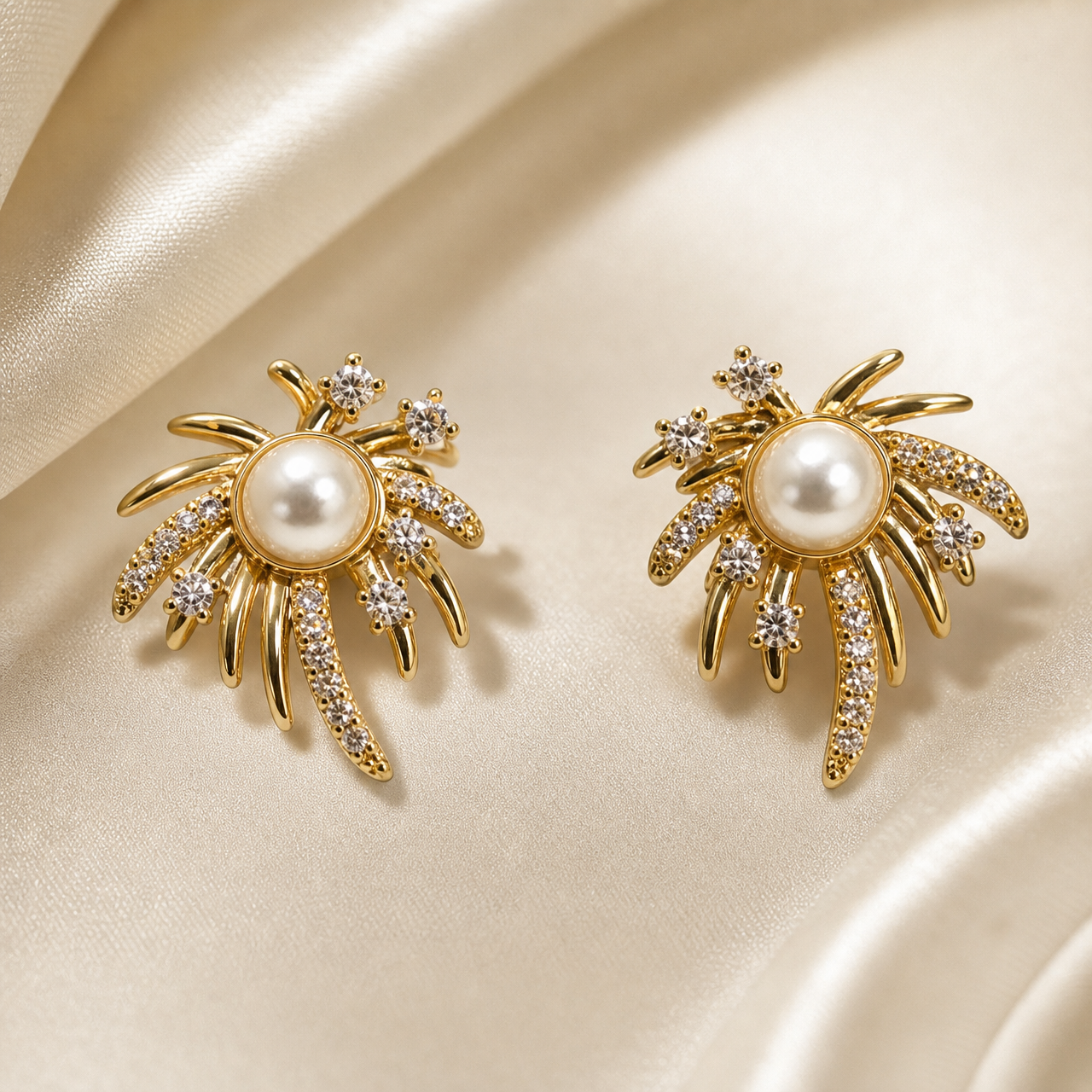 A matched pair of stud-style earrings, two items total, in yellow-gold-tone metal with a high-polish finish. Each earring is a single solid-cast sunburst or firework motif: a domed white round pearl-like bead sits in a smooth bezel cup at the centre, surrounded by radiating solid-metal rays of varying length, some rays smooth and plain, others pave-set with small clear faceted round stones.