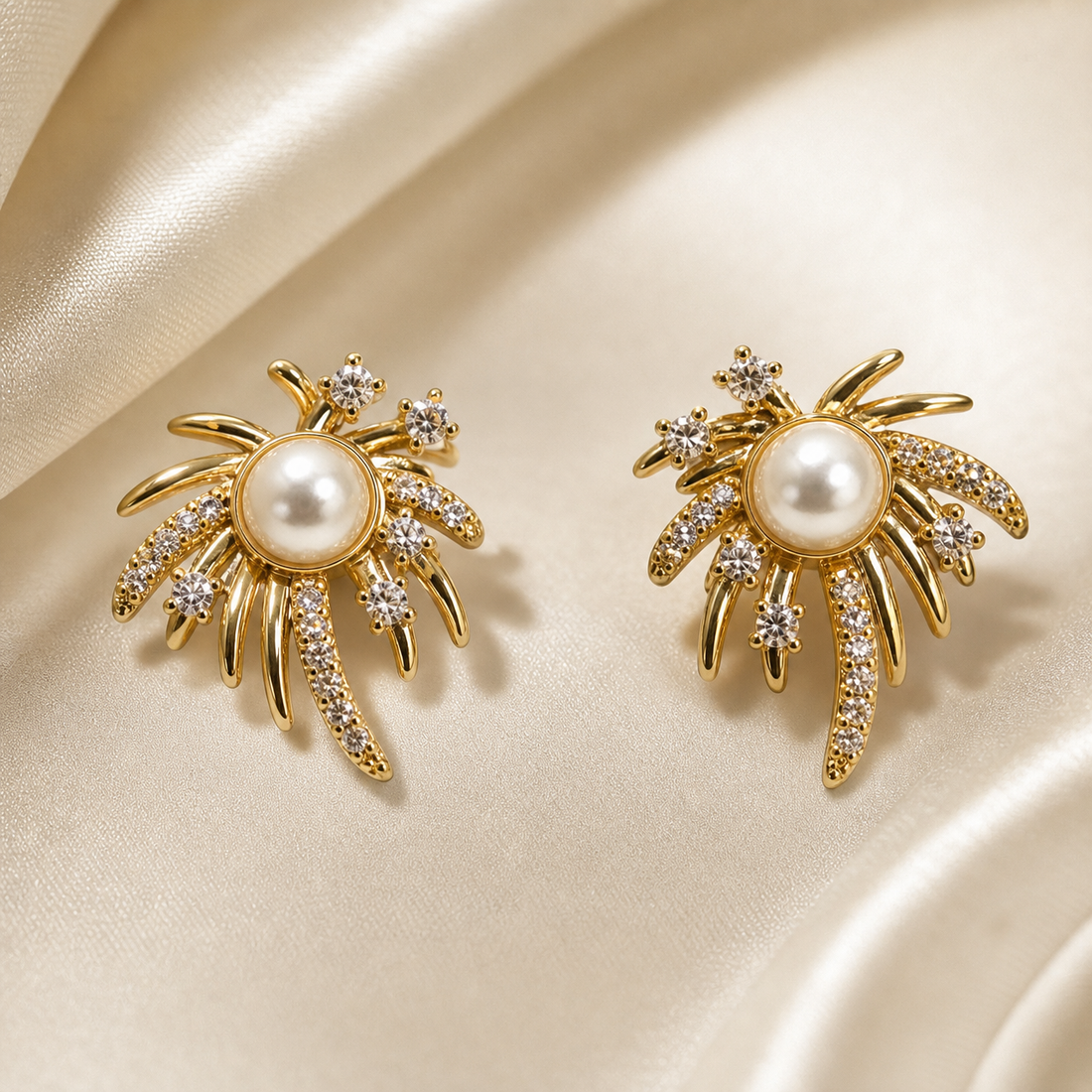 A matched pair of stud-style earrings, two items total, in yellow-gold-tone metal with a high-polish finish. Each earring is a single solid-cast sunburst or firework motif: a domed white round pearl-like bead sits in a smooth bezel cup at the centre, surrounded by radiating solid-metal rays of varying length, some rays smooth and plain, others pave-set with small clear faceted round stones.