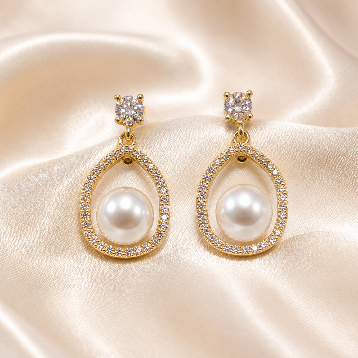 A matched pair of drop earrings, two pieces total. Yellow-gold-tone metal with a polished, bright finish. Each earring consists of a stud top holding one round clear faceted stone in a four-prong basket setting, connected by a short articulated link of two small metal rings to a rigid open teardrop-shaped frame. The frame's outer edge is continuously pavé-set with small clear faceted stones along its full length.