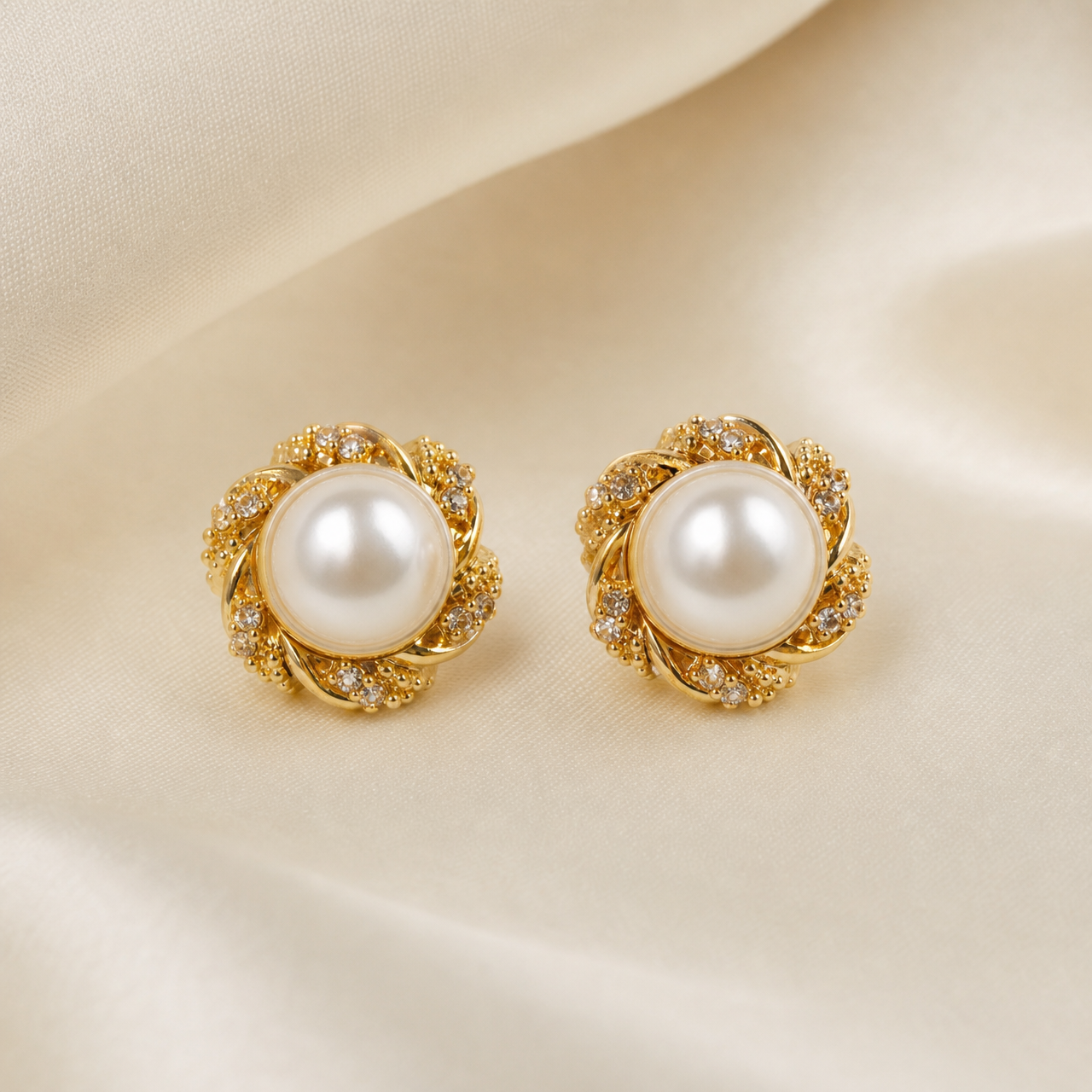 A matched pair of stud earrings, two identical items. Yellow-gold-coloured metal with a polished, reflective finish. Each earring is a compact domed cluster built around a single large round white pearl-like bead with smooth lustrous surface, held in a central bezel-style seat.