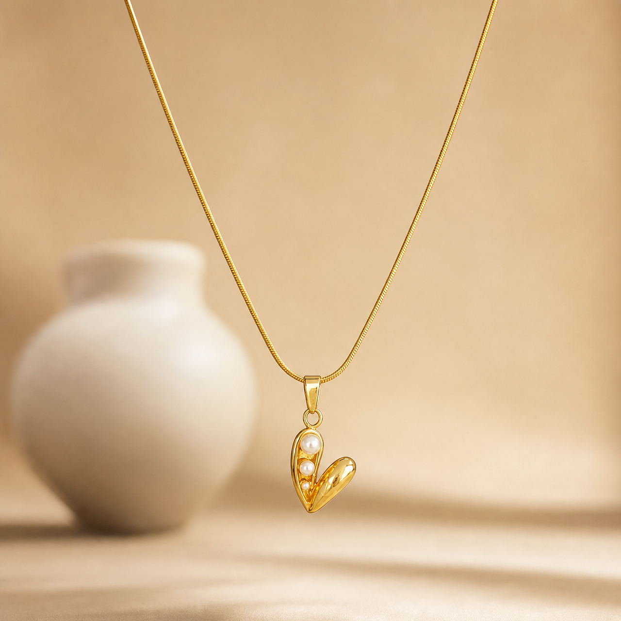 Single necklace: one fine yellow-gold snake chain of polished finish, a single unbroken strand of very fine, tightly woven links with no branches, carrying one dominant pendant. The visible chain run measures roughly 20 to 25 times the pendant's width, consistent with neck length; the clasp end is not shown, so no closure, extender or terminal tag is visible, and extender length cannot be assessed. From the bail outward the ledger is: a tapered polished gold bail, then a jump ring, then the pendant itself.