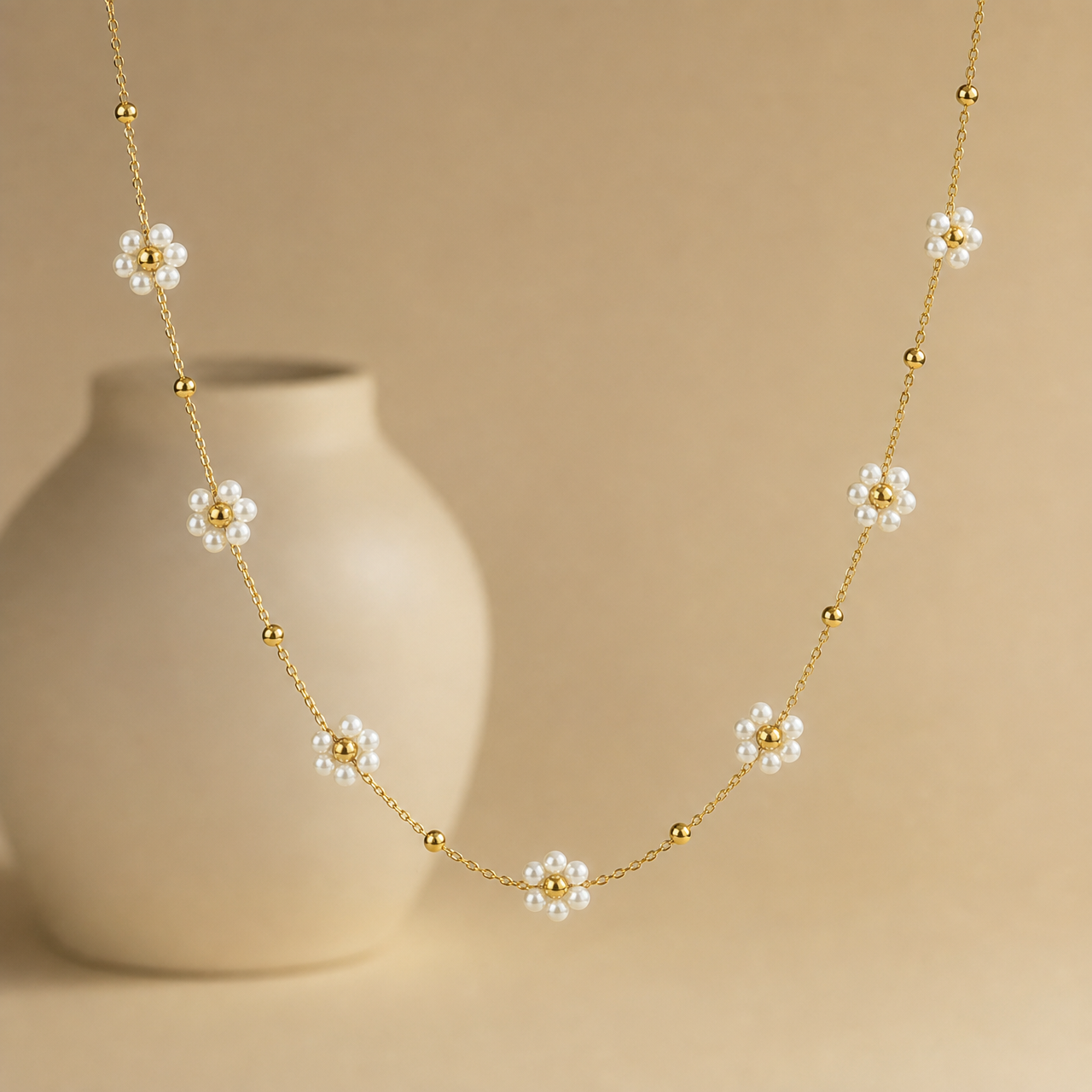 One single-strand station necklace in yellow-gold-tone metal with a bright polished finish. The strand is a fine-gauge oval-link cable chain, one continuous run whose total length is roughly twenty times the width of the largest component; no extender is visible, so no extender fraction can be stated, and no working closure is visible, the clasp area being partly obscured.