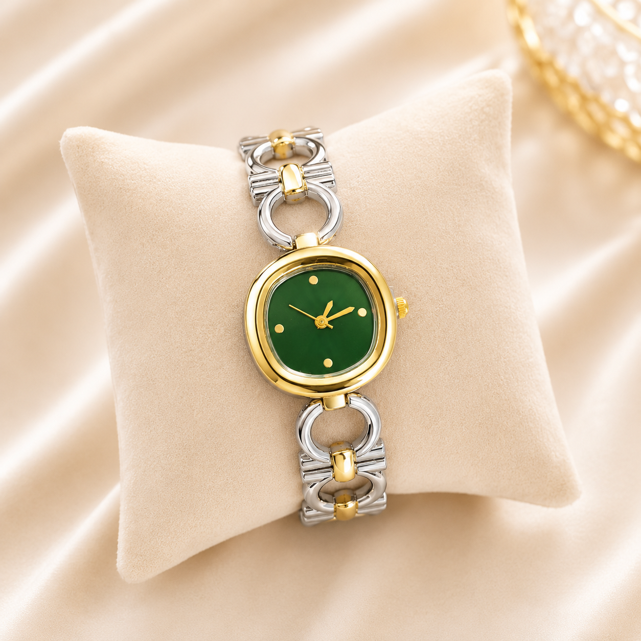 Two-tone 316L stainless steel wristwatch with a green dial, gold-tone bezel and link bracelet, displayed on a cream cushion