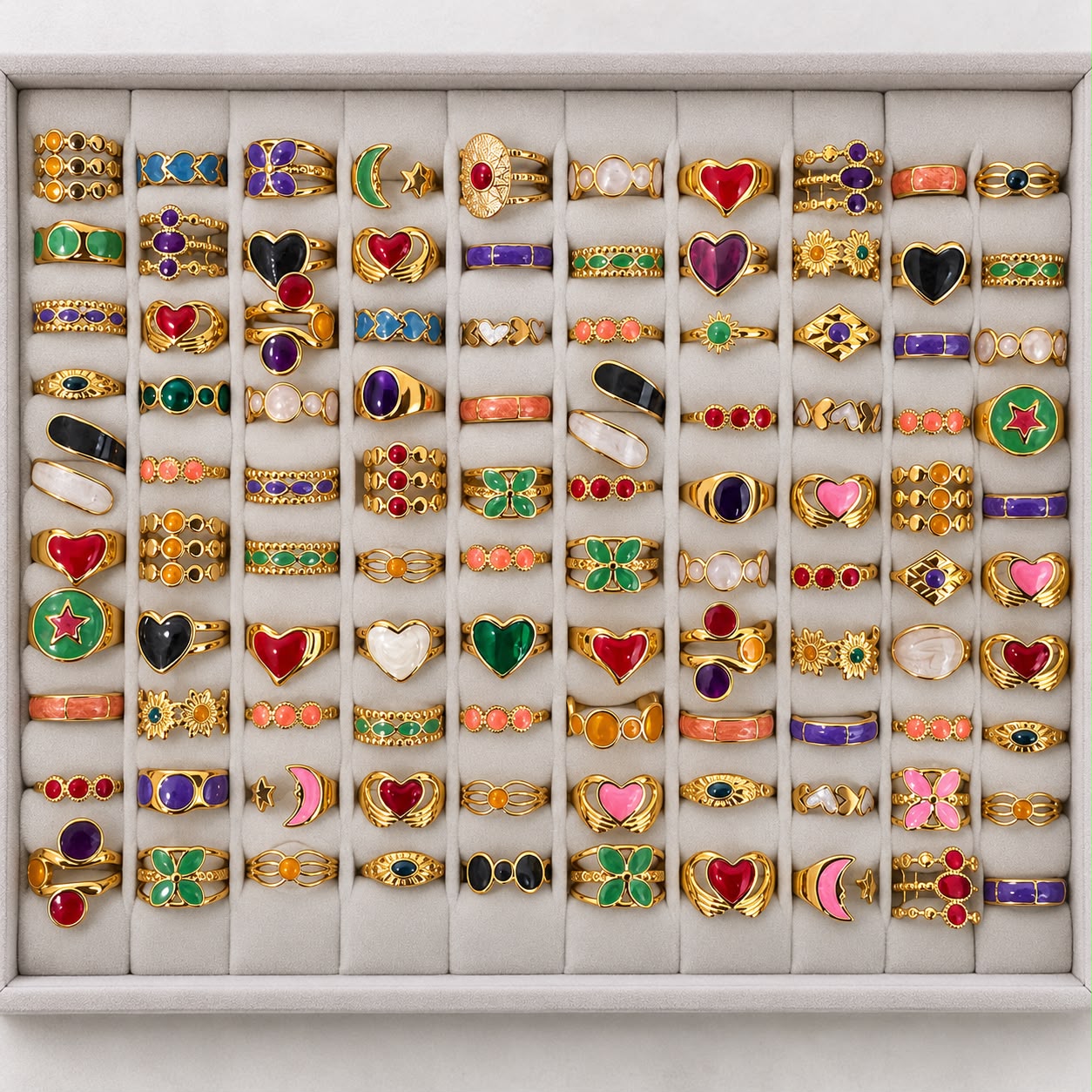 Gold-tone 304 stainless steel rings in a set of 50 with enamel hearts, stars and moons, and coloured stones, arranged in a grid tray