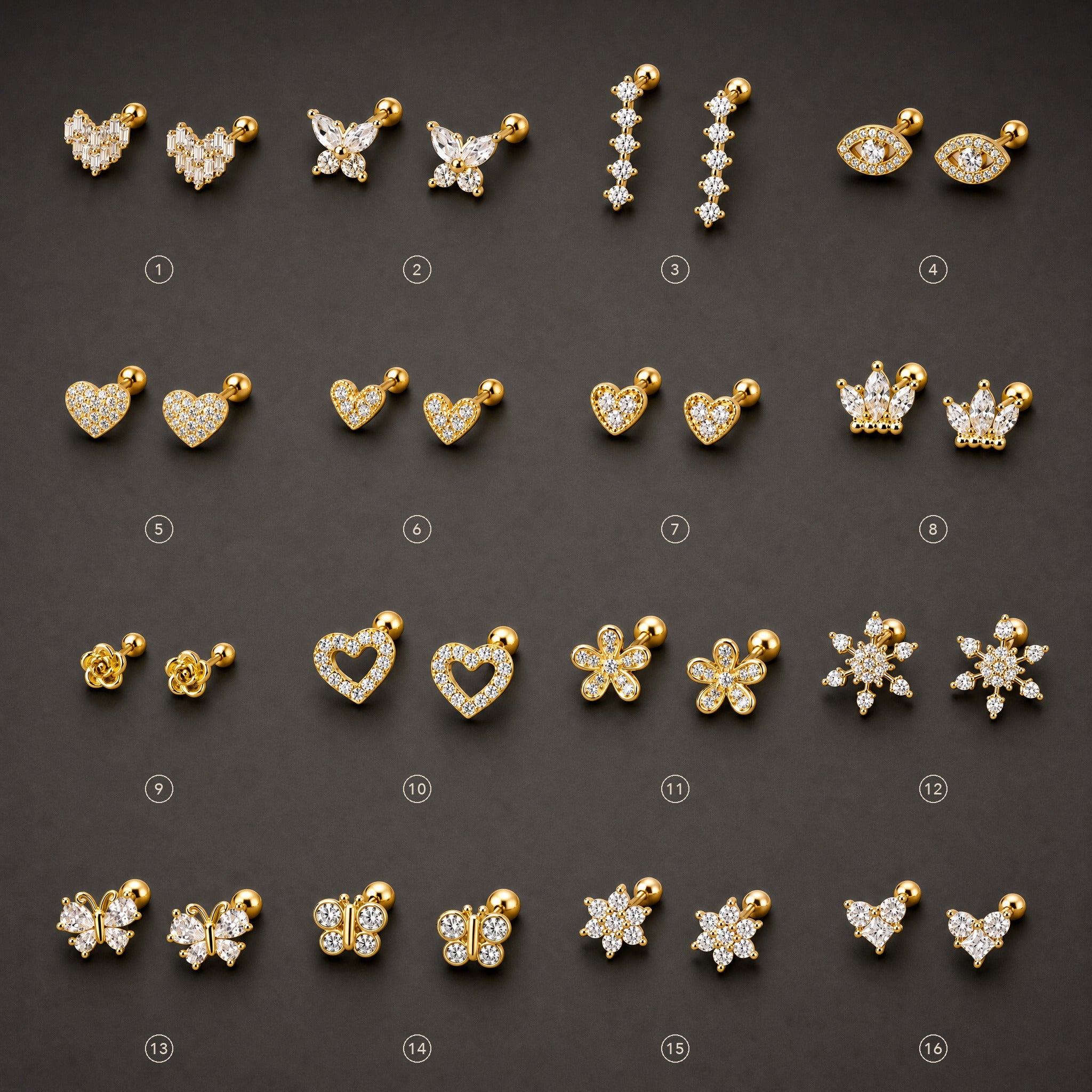 Gold-tone 316L stainless steel stud earrings in a grid of 16 designs, including hearts, butterflies, flowers and snowflakes set with clear stones