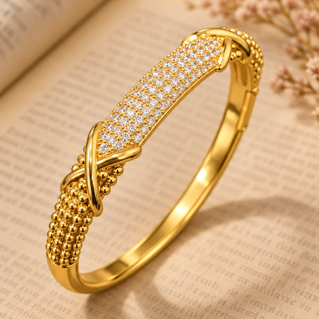 Gold-tone 316L stainless steel kada bracelet with a pavé crystal top panel, a crossed wire band and beaded side edges, shown lying on an open book