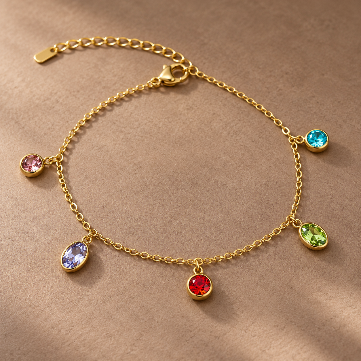 Gold-tone 304 stainless steel chain bracelet with five bezel-set coloured crystal charms in pink, lilac, red, green and turquoise, flat lay