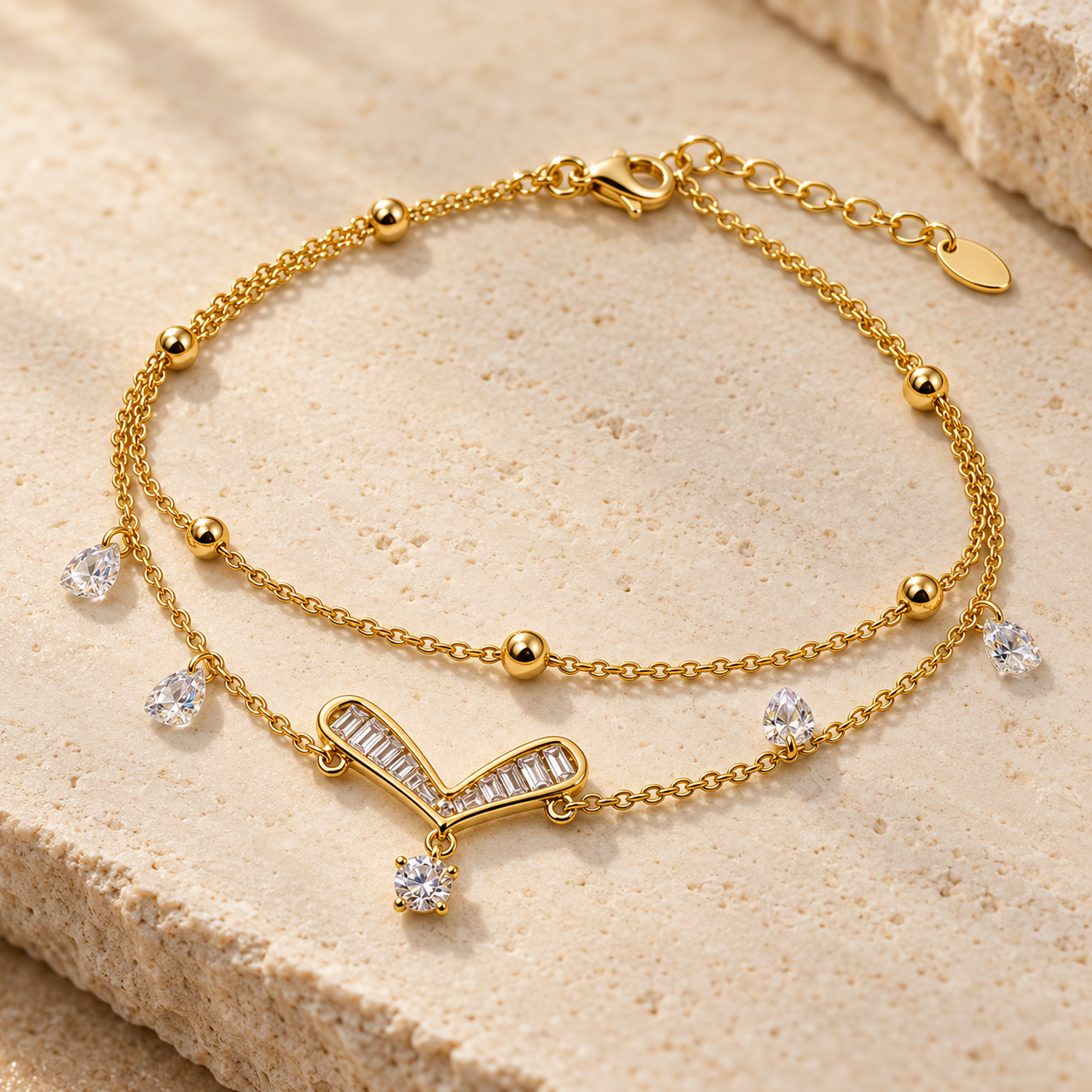 Gold-tone 316L stainless steel double-chain bracelet with a V-shaped baguette stone motif and crystal drops