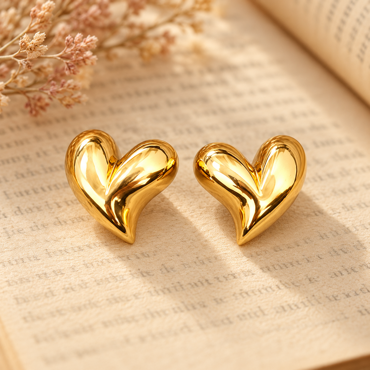 Gold-tone 304 stainless steel puffed heart stud earrings, a pair with a smooth glossy finish, resting on an open book