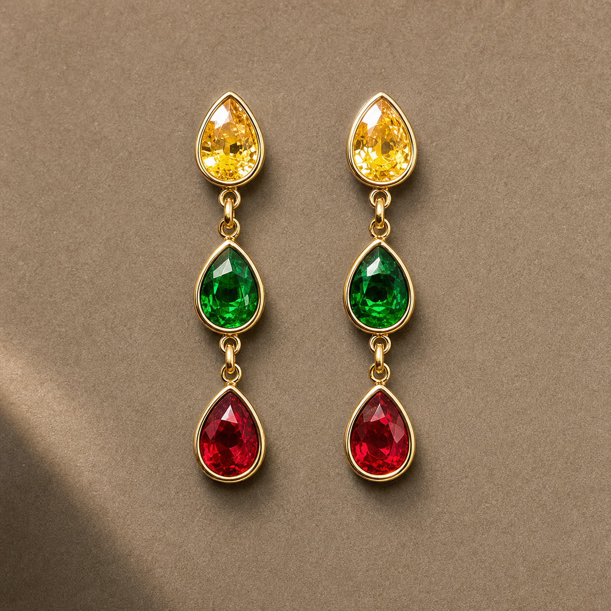 Gold-tone 304 stainless steel drop earrings with three pear-cut stones in yellow, green and red, set in bezels, shown as a pair
