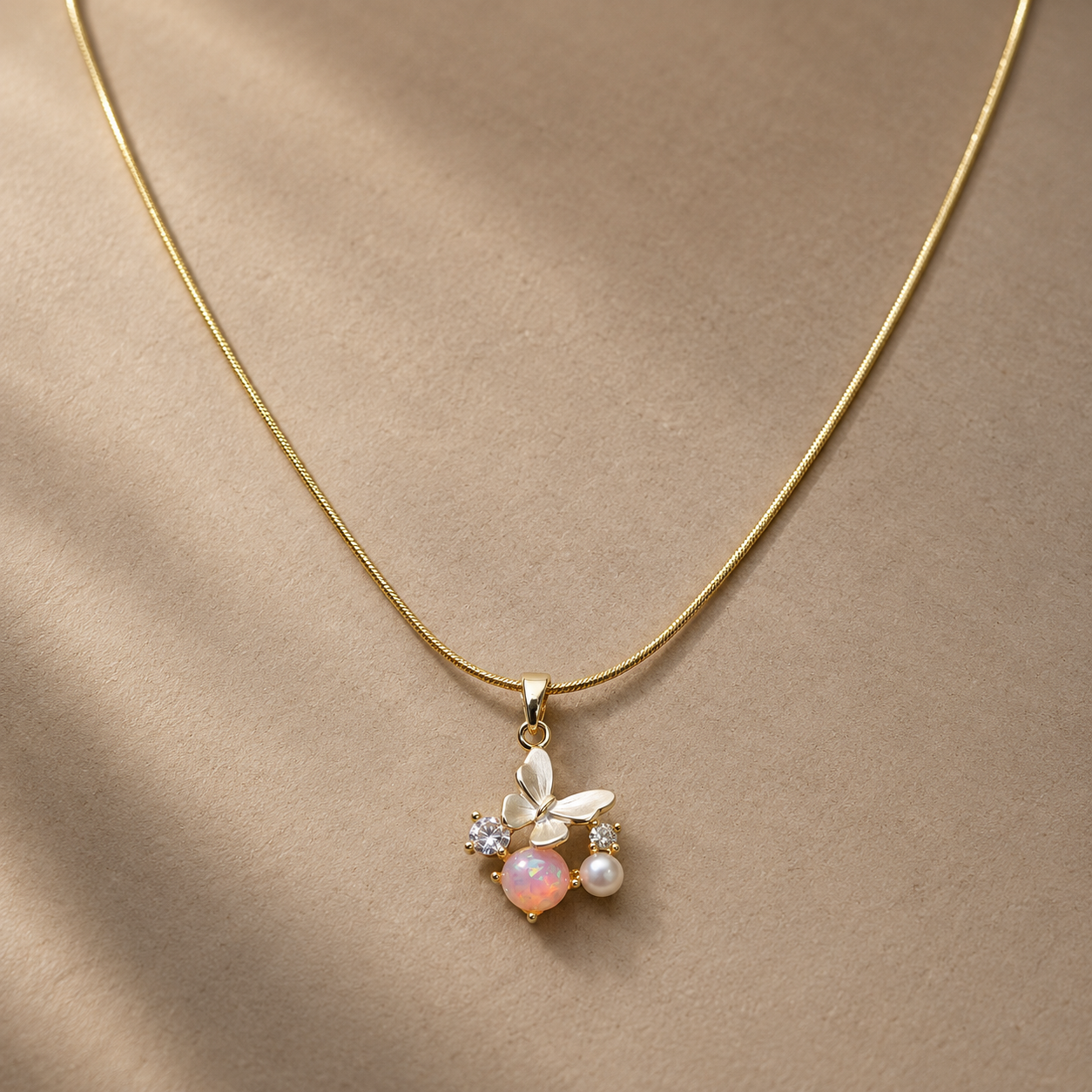 Gold-tone 316L stainless steel snake chain necklace with a butterfly pendant set with an opal-look stone, a pearl and two clear stones, worn on a neck