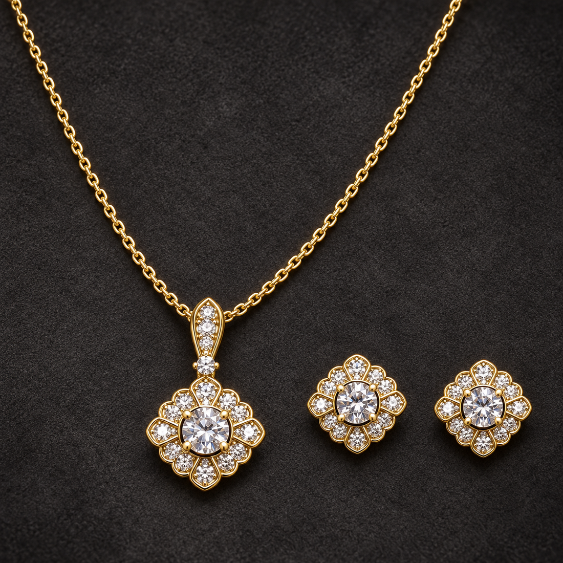 Gold-tone 316L stainless steel necklace and earring set with a flower-shaped pendant of clear crystals on a cable chain, earrings shown as a pair