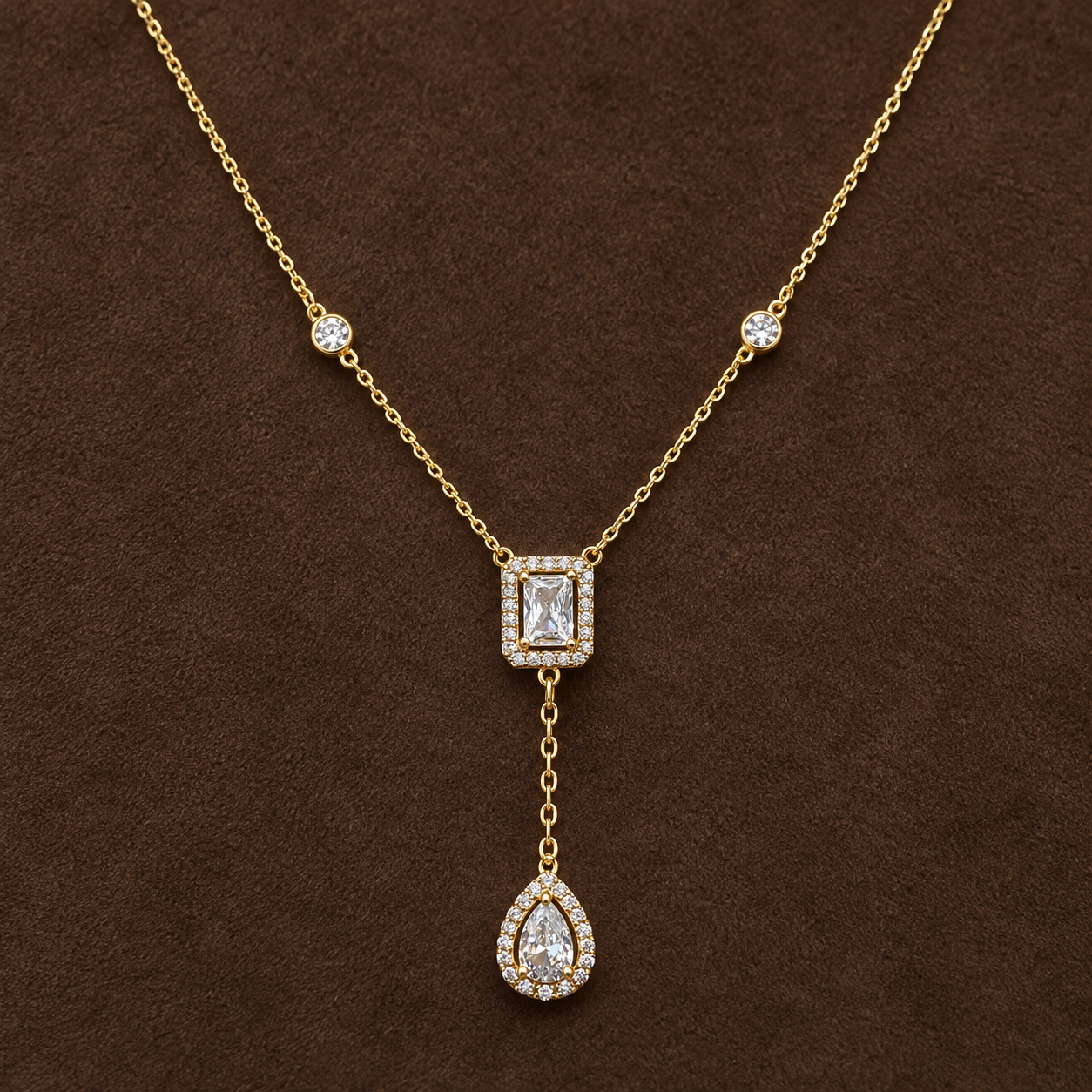 Gold-tone 316L stainless steel necklace with a clear stone-set rectangle and teardrop pendant on a Y-drop chain, laid flat on a brown surface
