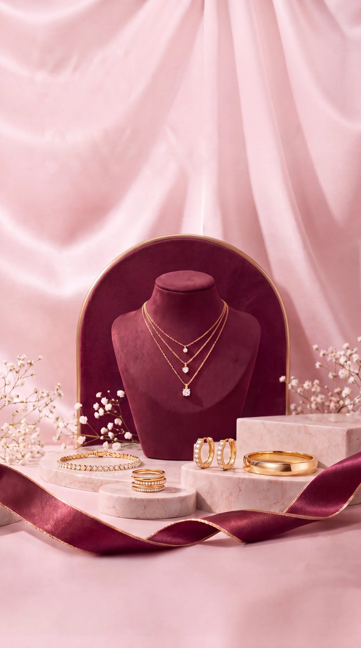 Gold-tone layered necklaces on a maroon velvet bust, with crystal hoop earrings, a tennis bracelet, stacked rings and a bangle on marble podiums