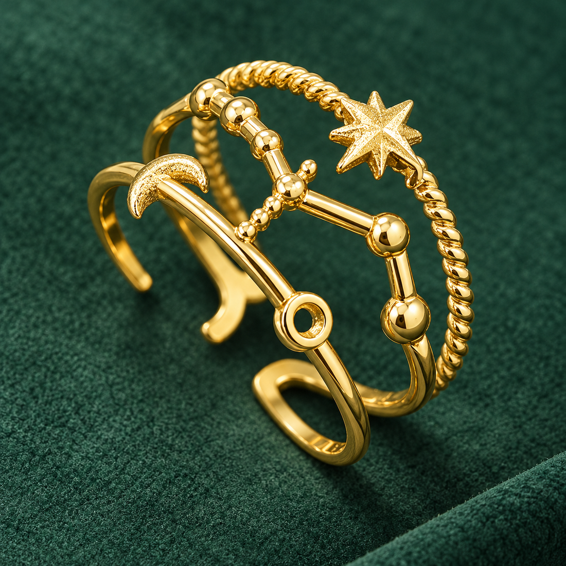 Gold-tone 304 stainless steel open multi-band ring with a crescent moon, an eight-point star and a beaded constellation line on a twisted band