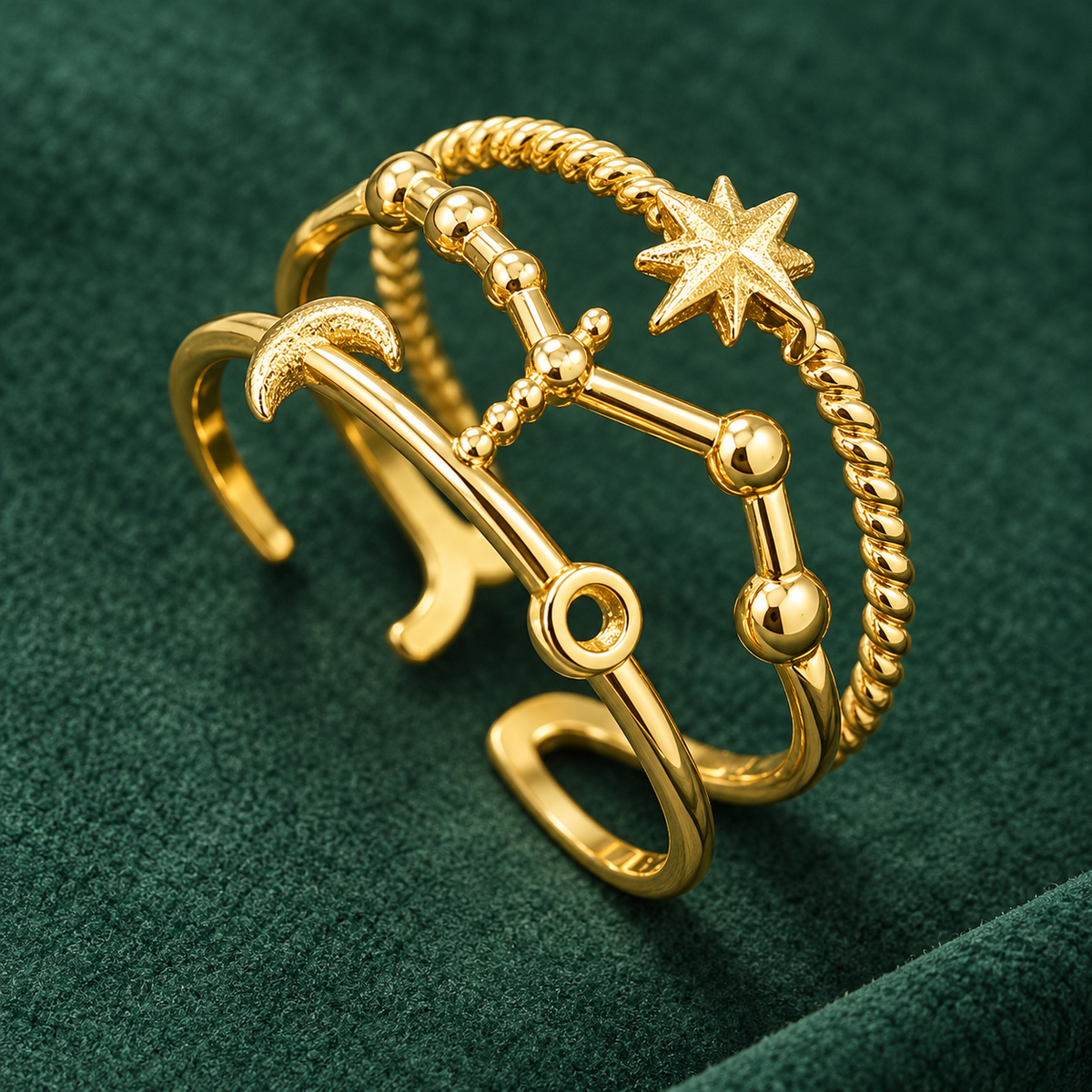Gold-tone 304 stainless steel open multi-band ring with a crescent moon, an eight-point star and a beaded constellation line on a twisted band